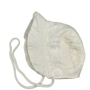 Vintage Baby Bonnet White Knit & Lace Design With Ties 12 months